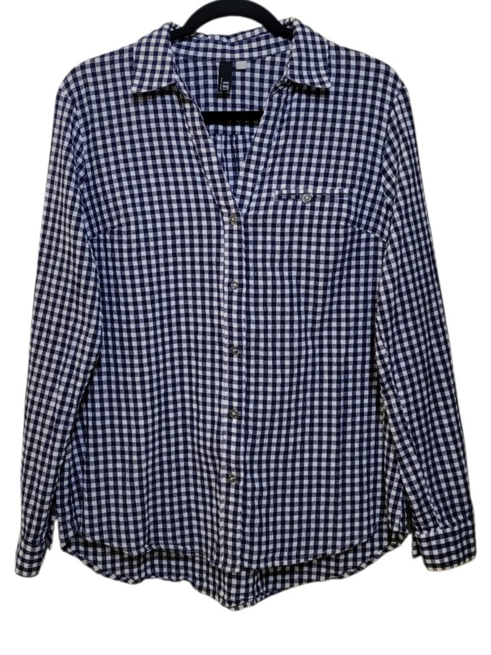 KUT from the Kloth Navy Blue White Gingham Checked Button Up Shirt Blouse Large